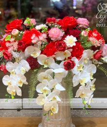 Hoa lụa, hoa giả Uyên shop, Lãng Hoa Bục Phát Biểu Tone Đỏ
