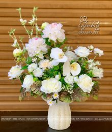 Hoa lụa, hoa giả Uyên shop, Bình Hoa Lụa Tone Trắng