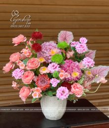 Hoa lụa, hoa giả Uyên shop, Bình Hoa Tone Hồng Phòng Khách