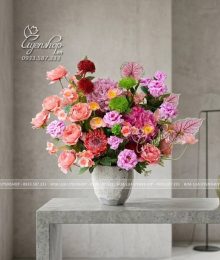 Hoa lụa, hoa giả Uyên shop, Bình Hoa Tone Hồng Phòng Khách