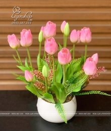 Hoa lụa, hoa giả Uyên shop, Lọ Hoa Tulip Nhỏ Để Bàn