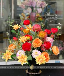 Hoa lụa, hoa giả Uyên shop, Bình Hoa Lụa Để Bàn Tone Cam