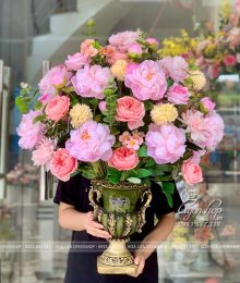 Hoa lụa, hoa giả Uyên shop, Lư Hoa Mẫu Đơn Tone Hồng