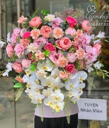 Hoa lụa, hoa giả Uyên shop, Lãng Hoa Bục Phát Biểu Tone Hồng