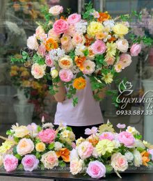 Hoa lụa, hoa giả Uyên shop, Combo Hoa Bục Phát Biểu – Bàn Đại Biểu Tone Kem Vàng