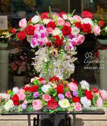Hoa lụa, hoa giả Uyên shop, Combo Hoa Bục Phát Biểu Và Hoa Bàn Họp Tone Đỏ