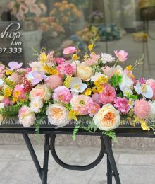 Hoa lụa, hoa giả Uyên shop, Lãng Hoa Bàn Họp Tone Hồng Kem