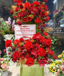 Hoa lụa, hoa giả Uyên shop, Lẵng Hoa 2 Tầng Tone Đỏ Chúc Mừng, Khai Trương