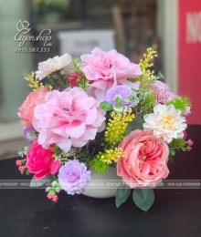 Hoa lụa, hoa giả Uyên shop, Lọ Hoa Tone Hồng Để Bàn Giáo Viên