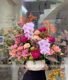 Hoa lụa, hoa giả Uyên shop, Chậu Lan Hồ Điệp Mix Tiểu Cảnh