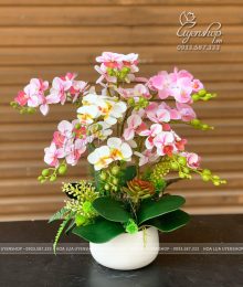 Hoa lụa, hoa giả Uyên shop, Chậu Lan Tiểu Hồ Điệp Tone Hồng