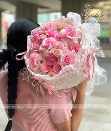 Hoa lụa, hoa giả Uyên shop, Bó Hoa Hồng Sáp Phối Ren