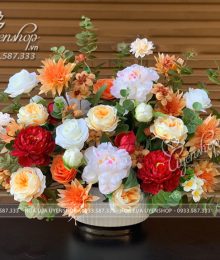 Hoa lụa, hoa giả Uyên shop, Bình Hoa Phòng Khách Tone Cam