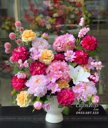 Hoa lụa, hoa giả Uyên shop, Bình Hoa Mix Nghệ Thuật Tone Hồng