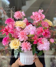 Hoa lụa, hoa giả Uyên shop, Bình Hoa Mix Tone Hồng