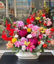 Hoa lụa, hoa giả Uyên shop, Bình Hoa Tone Đỏ Rực Rỡ