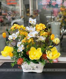Hoa lụa, hoa giả Uyên shop, CHẬU LAN TIỂU HỒ ĐIỆP TONE VÀNG