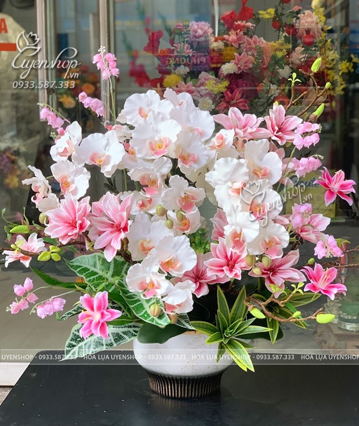 Hoa lụa, hoa giả Uyên shop, Chậu Lan Hồ Điệp Mix Mộc Lan Tone Hồng