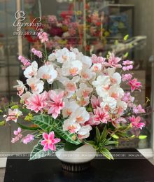 Hoa lụa, hoa giả Uyên shop, Chậu Lan Hồ Điệp Mix Mộc Lan Tone Hồng
